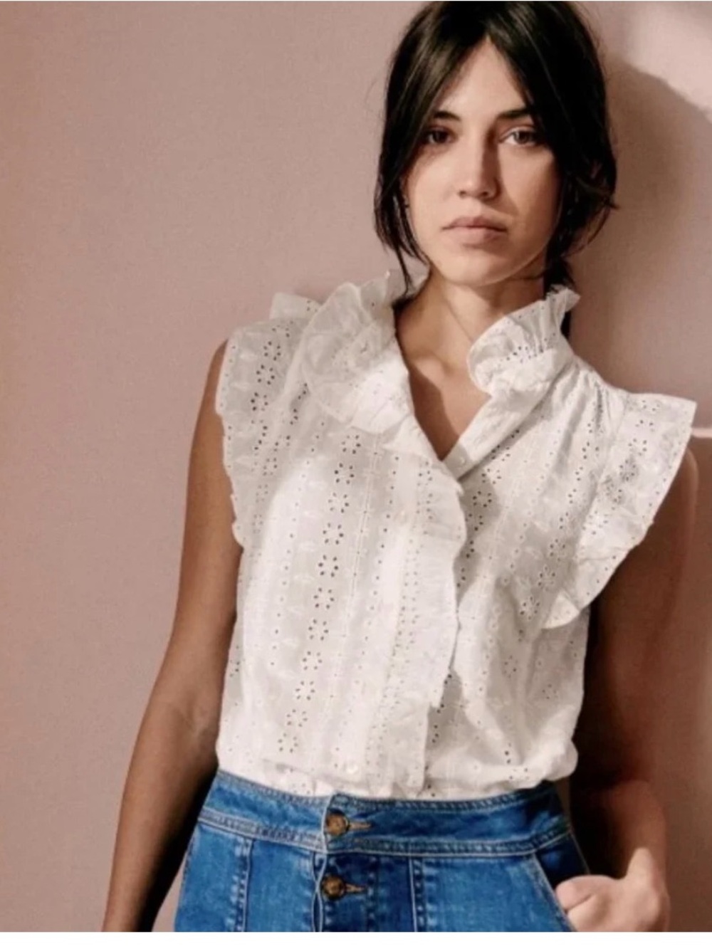 Sezane Caro Eyelet Ruffle Blouse 34 in Ecru